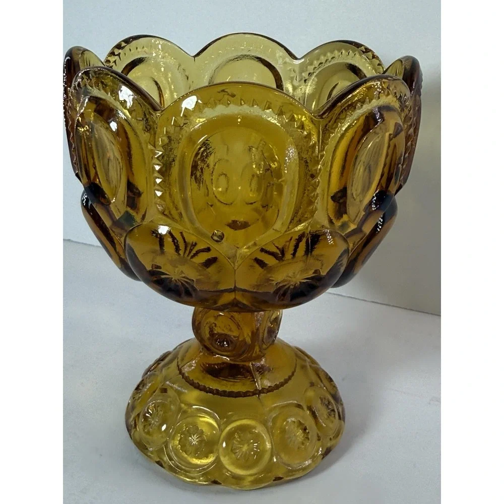 Vintage Amber Glass Moon and Stars Pedestal Candy Compote Scalloped Dish